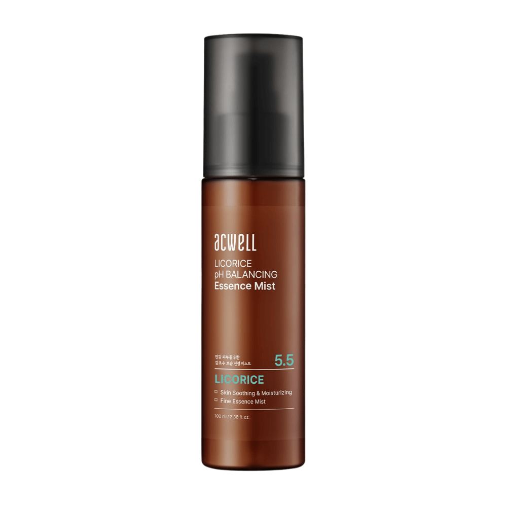 Produktbilde av Acwell Licorice pH Balancing Essence Mist i brun sprayflaske. Fuktgivende essence mist med lakrisekstrakt og hudbalanserende pH 5,5 som bidrar til å roe ned og friske opp huden.
