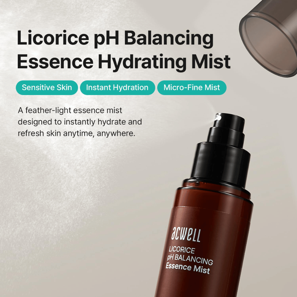 Acwell Licorice pH Balancing Essence Mist med fokus på sensitiv hud, intensiv fuktighet og mikrofint sprayteknologi. Oppfriskende essence mist som fukter huden når som helst i løpet av dagen.