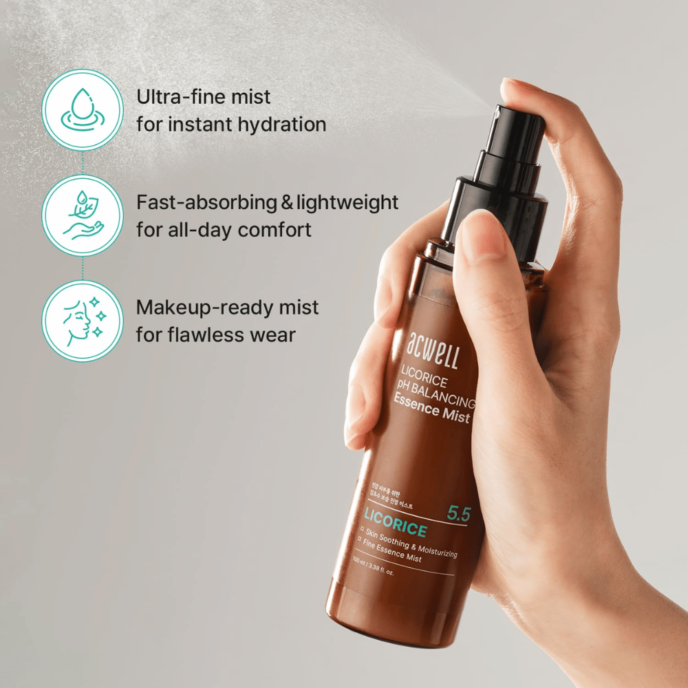 Acwell Licorice pH Balancing Essence Mist sprayes med finfordelt mist. Lett formel som absorberes raskt, gir umiddelbar fuktighet og fungerer både med og uten sminke.