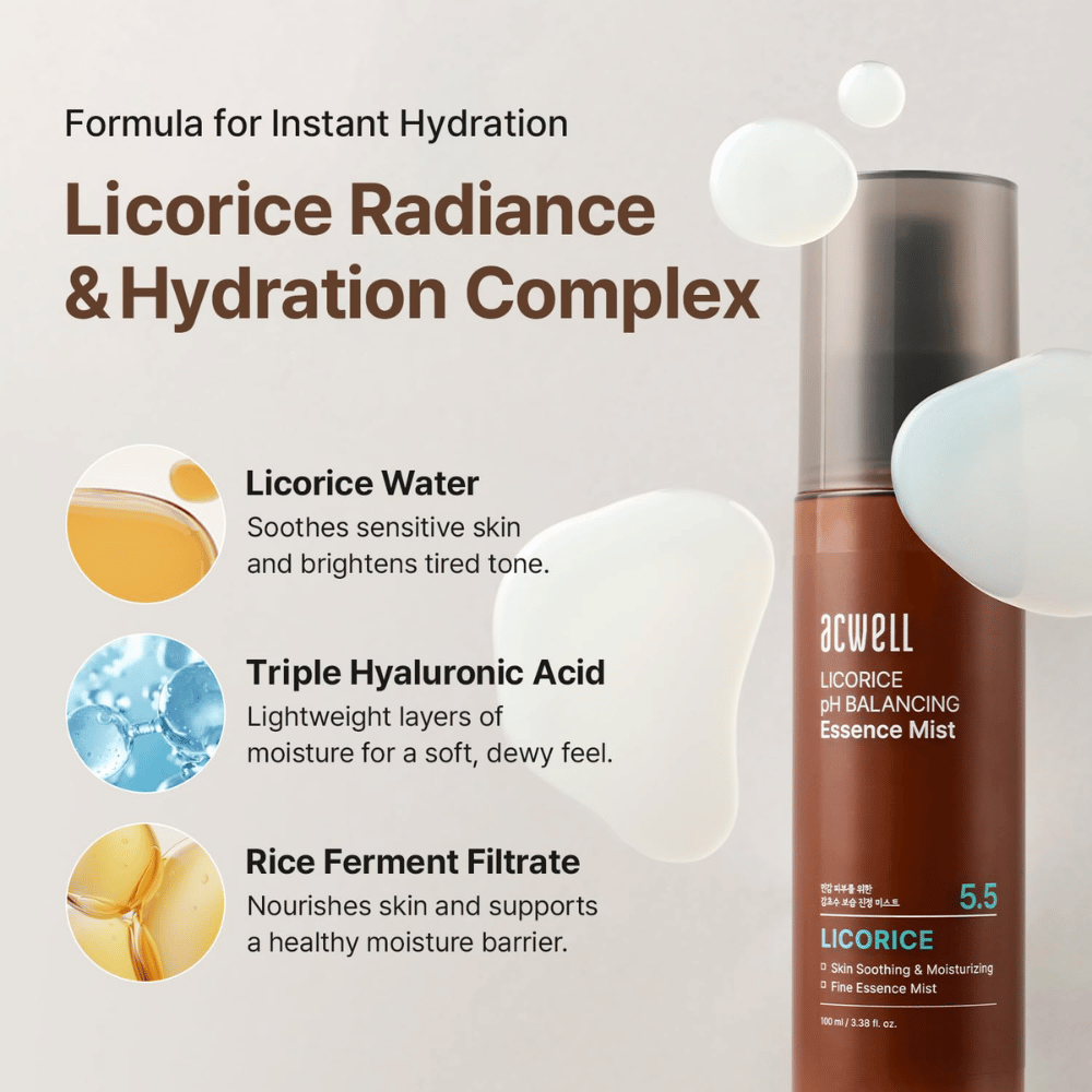 Acwell Licorice pH Balancing Essence Mist med fokus på nøkkelingredienser som lakrisvann, trippel hyaluronsyre og risferment. Fuktgivende mist som bidrar til å roe ned huden og styrke hudbarrieren.
