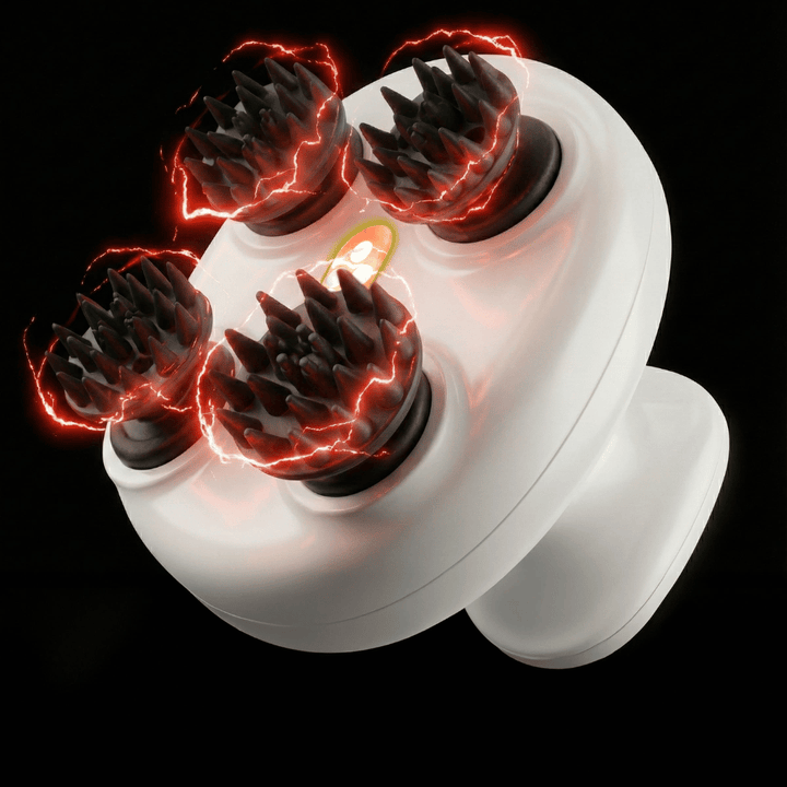 Produktbilde av Beaund Lift Head Spa på hvit bakgrunn. Den trådløse massasjeapparatet vises tydelig med sitt moderne design og sine fire masserende silikonhoder.