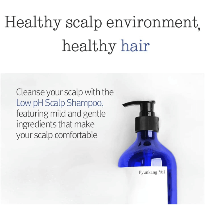 Informativt bilde som fremhever Pyunkang Yul Low pH Scalp Shampoo og dens milde formel for et balansert og sunt hodebunnsmiljø.