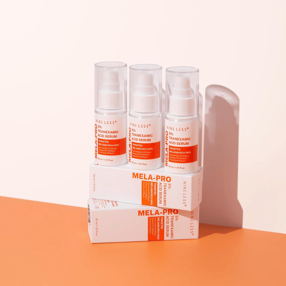 Tre NINE LESS MELA-PRO 5% Tranexamic Acid Serum 30 ml, lysnende serum med niacinamid og glutathione for melaninrik hud.
