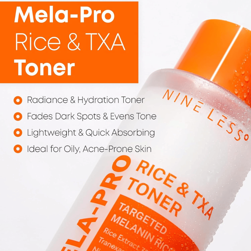 5. NINE LESS MELA-PRO Rice & TXA Toner – fuktighetsgivende ansiktsvann som hjelper med å redusere synligheten av mørke flekker og ujevn hudtone