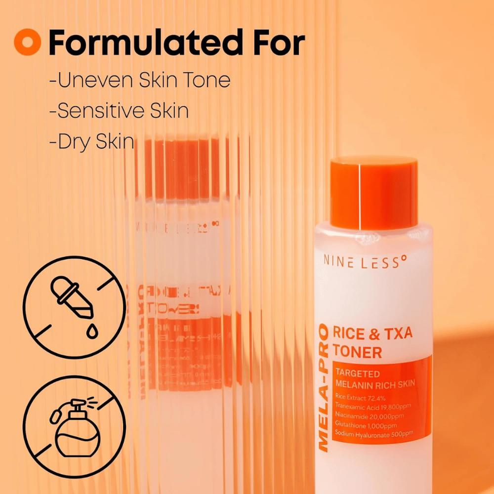 2. NINE LESS MELA-PRO Rice & TXA Toner – ansiktsvann for ujevn hudtone, sensitiv og tørr hud med risekstrakt og traneksamsyre