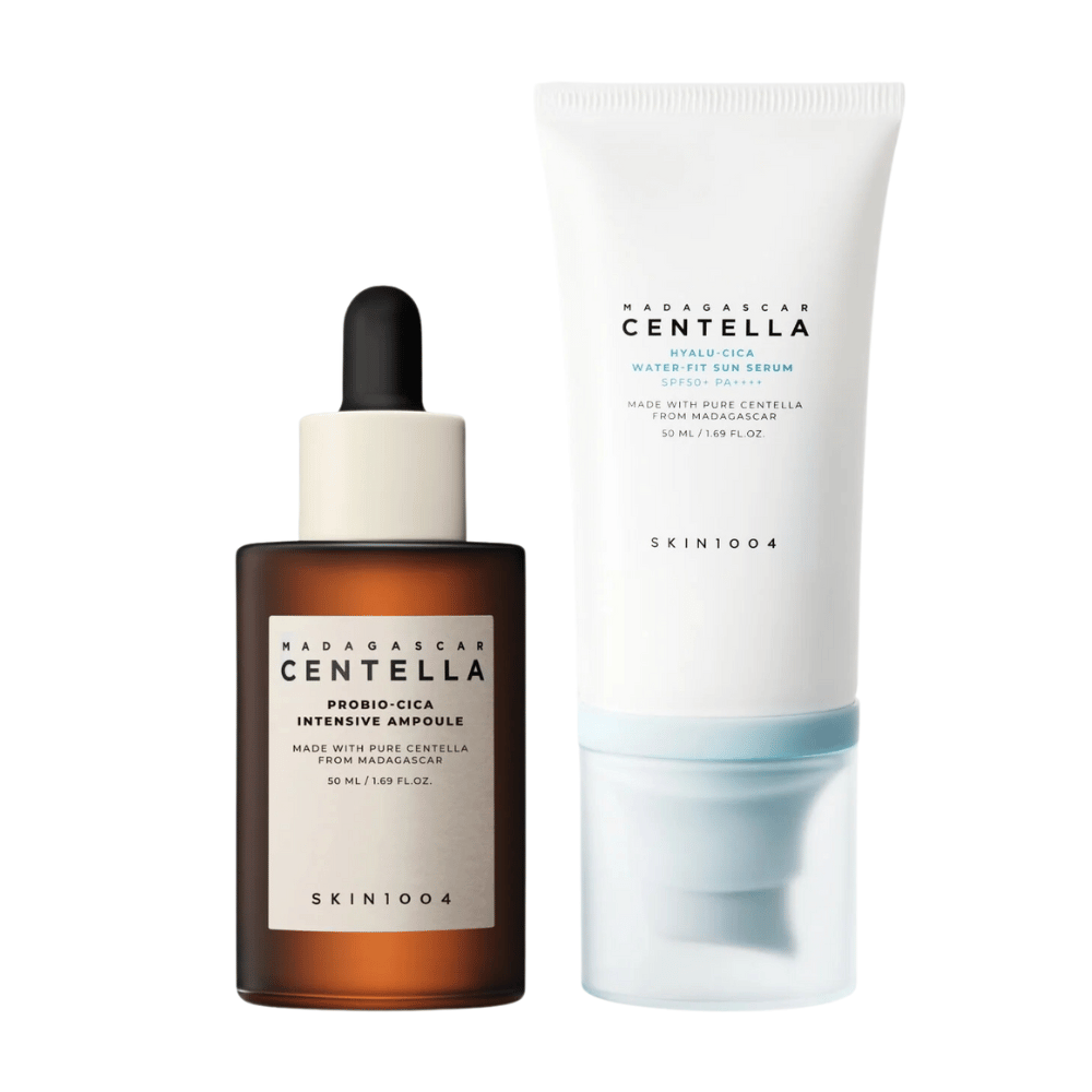 To hudpleieprodukter fra SKIN1004 vises: en ampulle og et solbeskyttelsesserum, begge inneholdende centella fra Madagaskar.