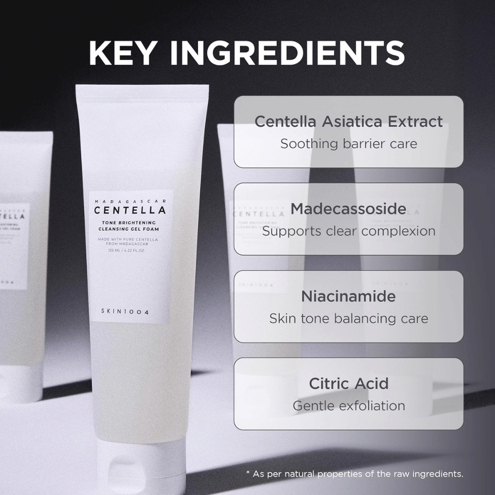 Bilde som fremhever produktets nøkkelingredienser og deres funksjoner. Ingrediensene presenteres i en tydelig og moderne layout med fokus på hudpleiende og beroligende egenskaper.