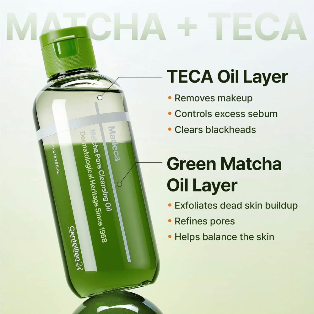 Centellian24 Madeca Matcha Pore Cleansing Oil med tofaseformel som løser opp sminke og talg
