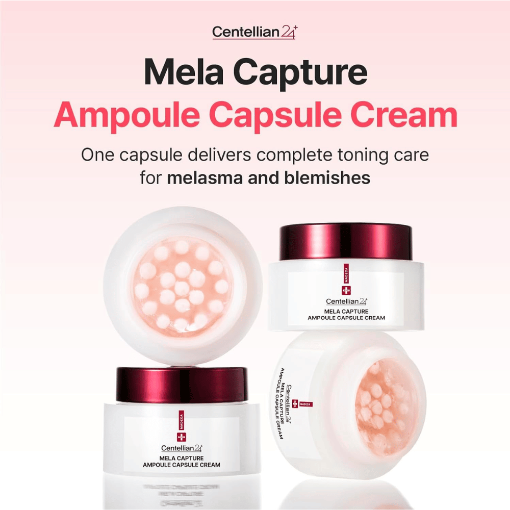 Produktbilde av Centellian24 Madeca Mela Capture Ampoule Capsule Cream med fokus på ampullkapsler og en formel utviklet for pleie av ujevn hudtone og pigmentering.