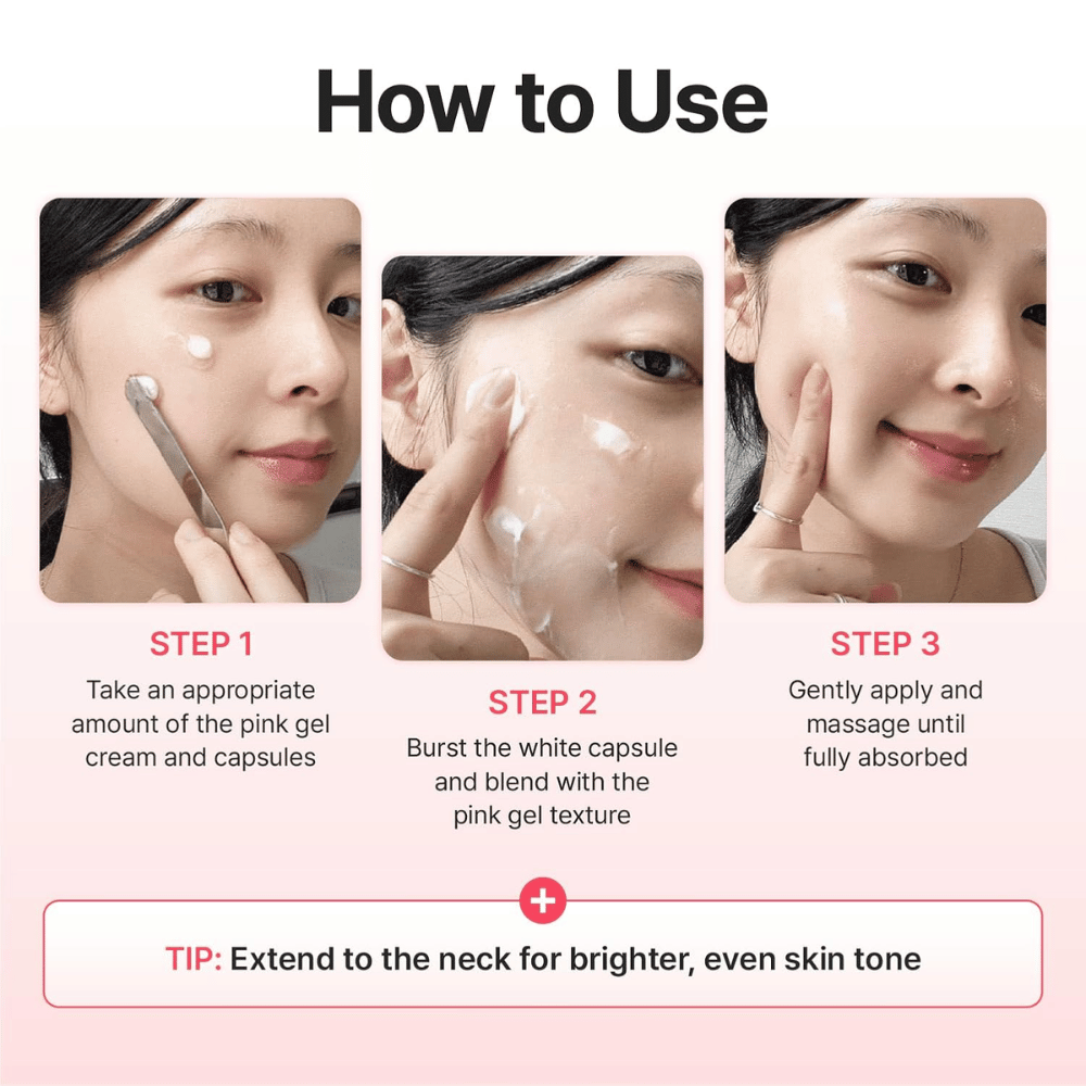 Steg-for-steg-guide som viser hvordan Centellian24 Madeca Mela Capture Ampoule Capsule Cream påføres ved å blande kapslene med gelkremen og massere inn til produktet er absorbert.