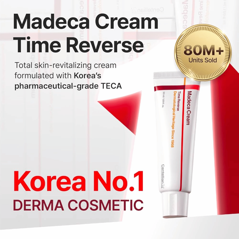 Centellian24 Madeca Cream Time Reverse presenteres som Koreas ledende derma-krem med TECA, over 80 millioner solgte enheter og fokus på hudfornyelse og barriereforsterkning.