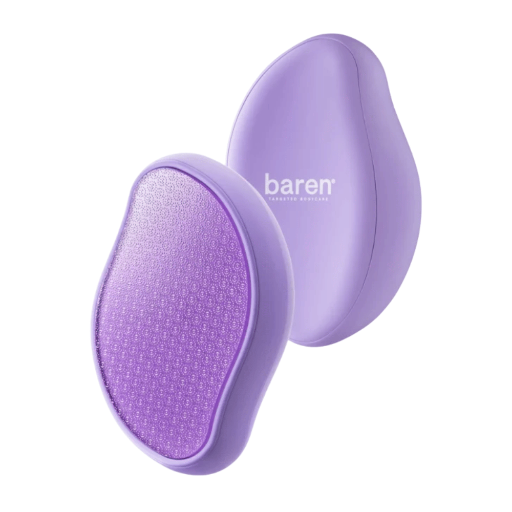 3. Baren Magic Glass Stone Foot File – for- og bakside av lilla fotfil med slipeflate for å gjøre tørre og ru føtter mykere