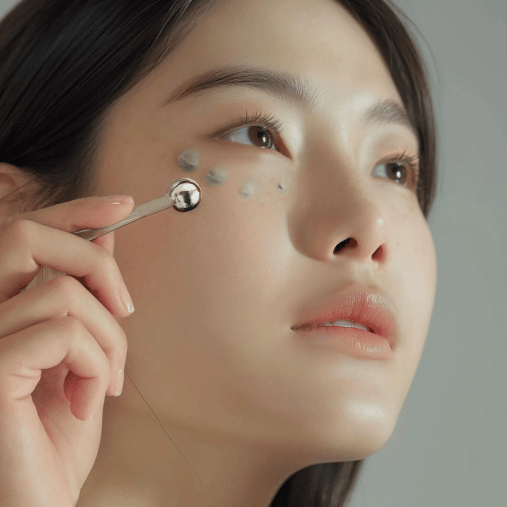 Kvinne påfører Heimish Marine Care Algae + Peptide Eye Cream under øyet med en metallapplikator for en kjølende og oppfriskende effekt. Kremen hjelper til med å fukte og redusere aldringstegn rundt øynene.