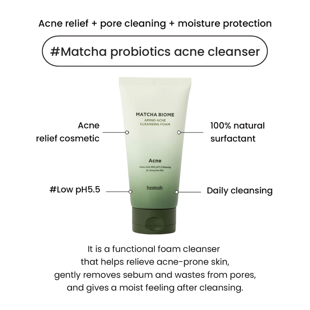 Heimish Matcha Biome Amino Acne Cleansing Foam low pH 5.5 – aknerens som renser porer, reduserer talg og fukter huden