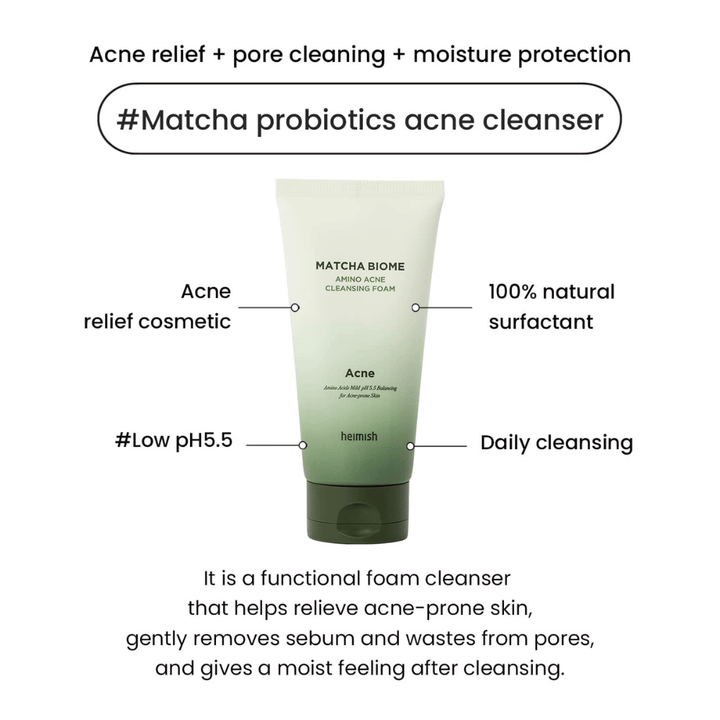 Heimish Matcha Biome Amino Acne Cleansing Foam low pH 5.5 – aknerens som renser porer, reduserer talg og fukter huden