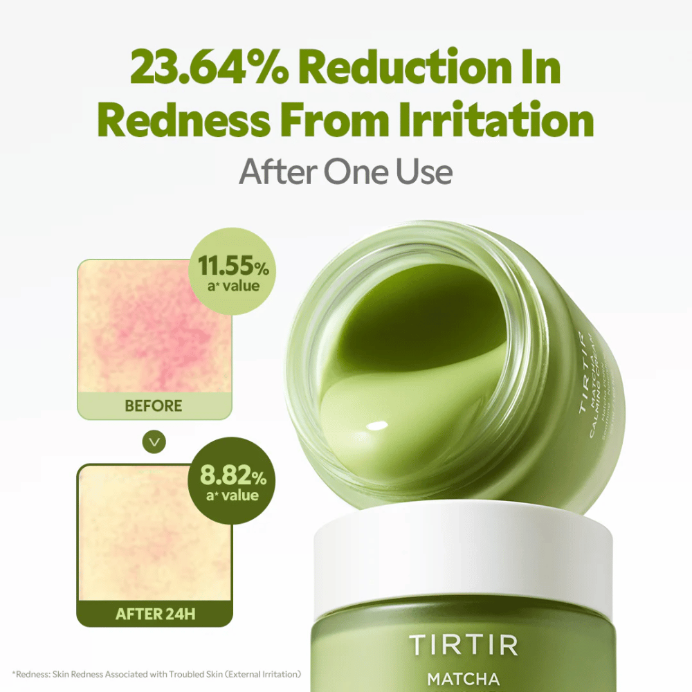 TIRTIR Matcha Calming Cream med ceramider, panthenol og peptider som tilfører fuktighet, styrker hudbarrieren og forbedrer hudens elastisitet.