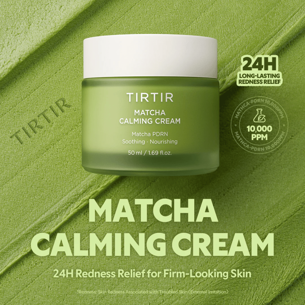 TIRTIR Matcha Calming Cream med ceramider, panthenol og peptider som gir dyp fuktighet, styrker hudbarrieren og forbedrer elastisiteten.