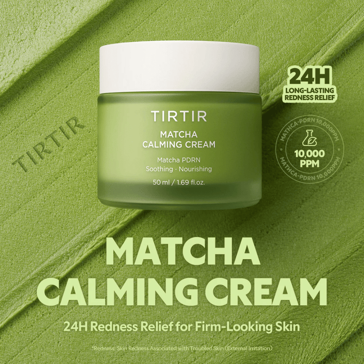 TIRTIR Matcha Calming Cream med ceramider, panthenol og peptider som gir dyp fuktighet, styrker hudbarrieren og forbedrer elastisiteten.