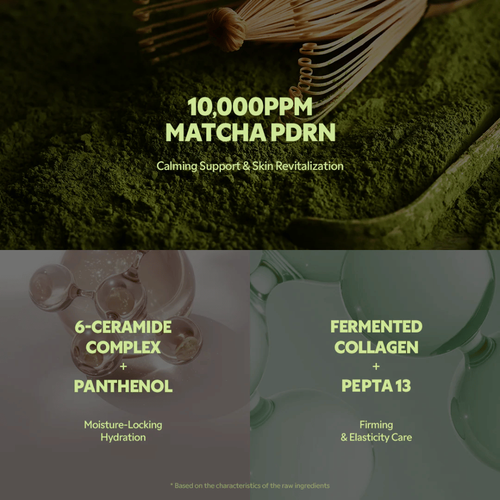 Matcha PDRN 10 000 ppm i TIRTIR Matcha Calming Cream som beroliger irritasjon, styrker huden og gir revitaliserende effekt.