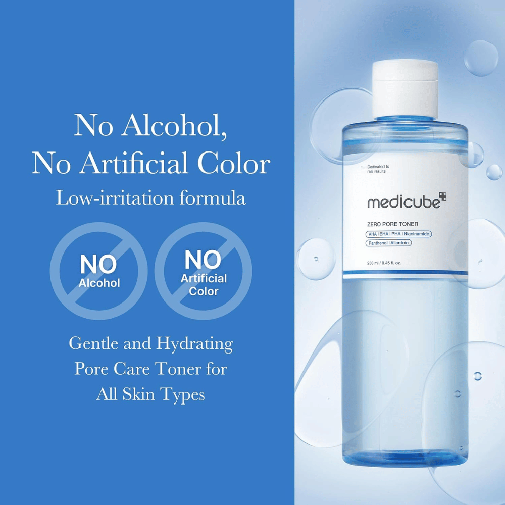 Medicube Zero Pore Toner 250 ml, fuktighetsgivende ansiktsvann uten alkohol og kunstige fargestoffer. Blå flaske med vannbobler.