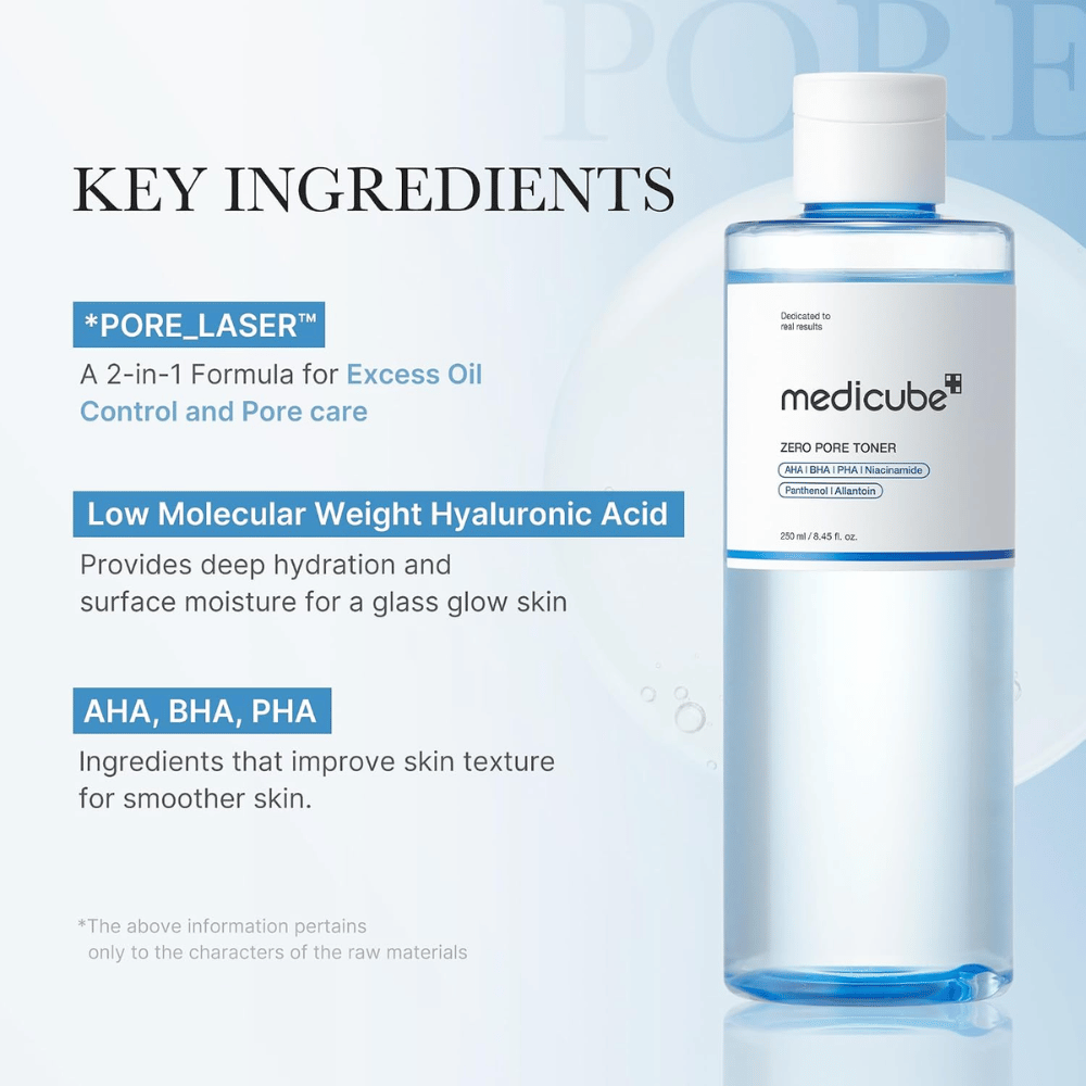 Medicube Zero Pore Toner med AHA, BHA, PHA og hyaluronsyre. Ingrediensoversikt for fuktighet, jevnere hudstruktur og porer.