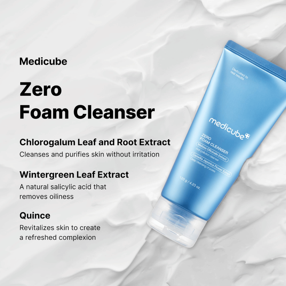 Medicube Zero Foam Cleanser – en skånsom og dyprensende ansiktsvask.

🌿 Chlorogalum-ekstrakt – Renser og renser huden uten irritasjon.
🍃 Wintergreen-ekstrakt – Naturlig salisylsyre som balanserer oljeproduksjonen.
🍏 Kvittenekstrakt – Gjenoppliver huden og gir en frisk glød.

Perfekt for en ren, balansert og oppfrisket hud!