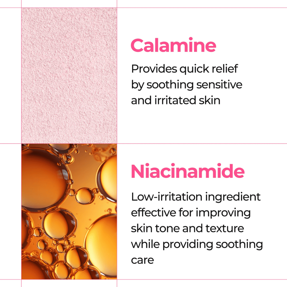 Nærbilde av calamine og niacinamide som beroliger sensitiv hud i Dr. Melaxin Melting Cleanser