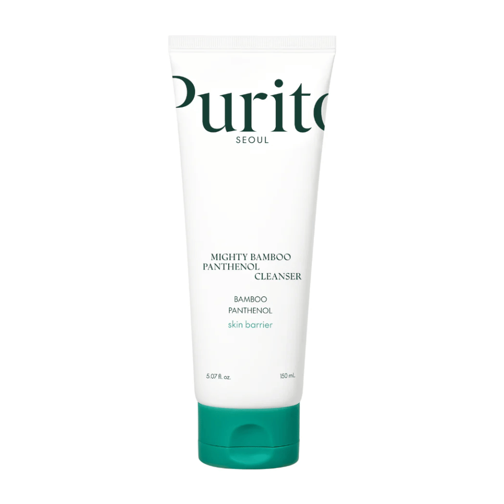 Purito Mighty Bamboo Panthenol Cleanser – en mild, vegansk ansiktsrens med bambus og panthenol som styrker hudbarrieren og renser uten å tørke ut.