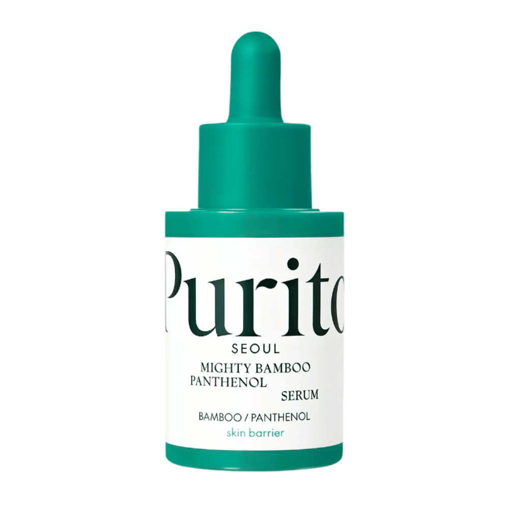 Purito Mighty Bamboo Panthenol Serum – minimalistisk grønn flaske med pleiende serum for sensitiv og tørr hud.