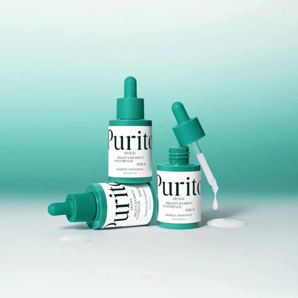 Tre flasker Purito Mighty Bamboo Panthenol Serum – fuktighetsgivende serum som styrker hudbarrieren og gir en frisk glød.