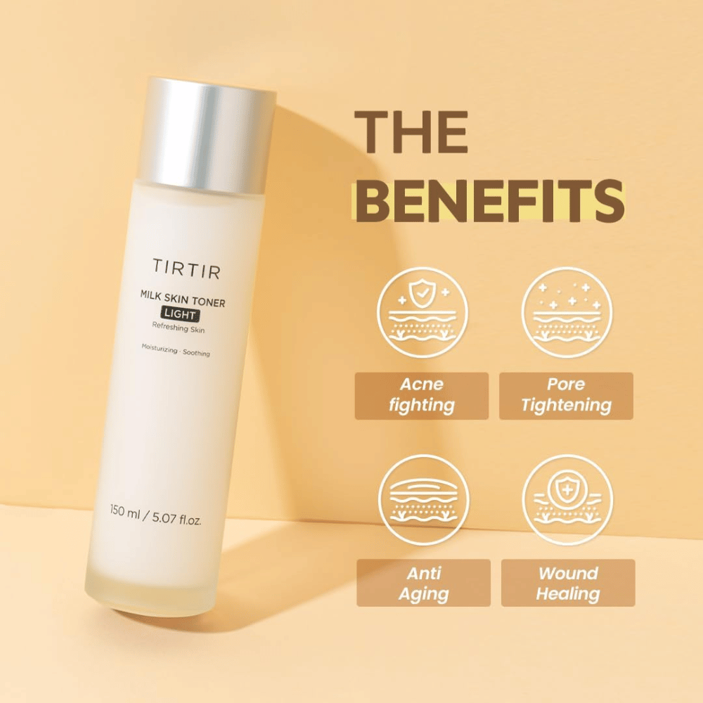Produktbilde av "TIRTIR Milk Skin Toner Light" på en gul bakgrunn med teksten "THE BENEFITS". Flasken presenteres med ikoner som fremhever dens egenskaper: bekjemper akne, strammer porer, anti-aldring og helbreder sår.