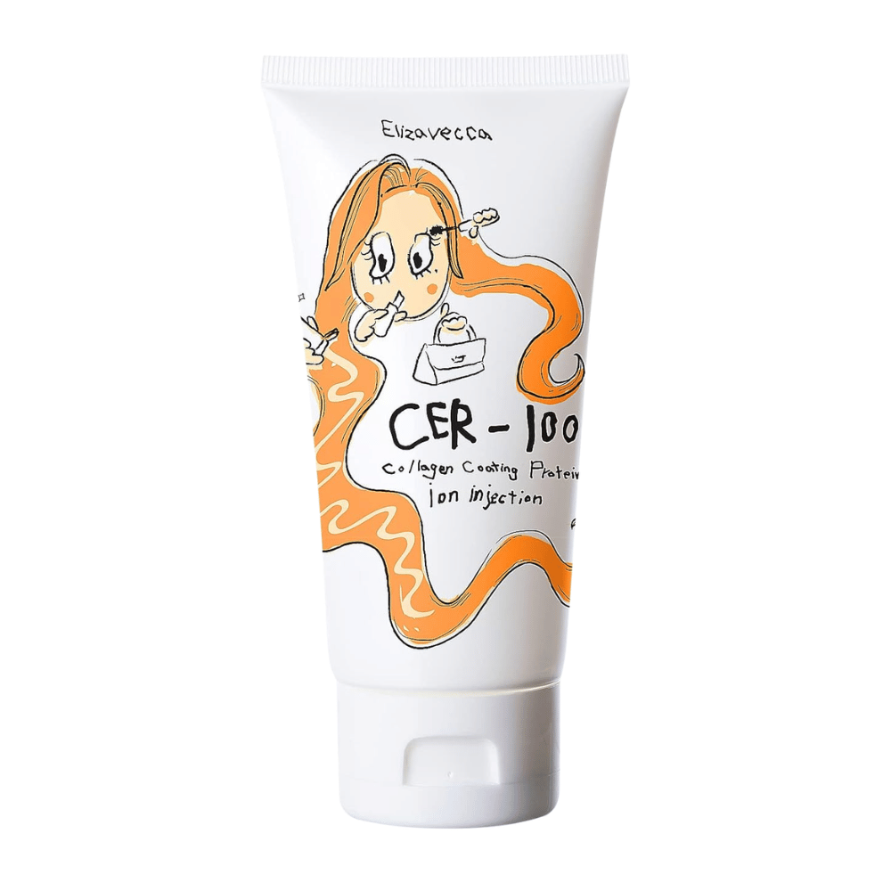 Produktbilde av Elizavecca CER-100 Collagen Coating Protein Ion Injection med illustrert design og oransje detaljer.