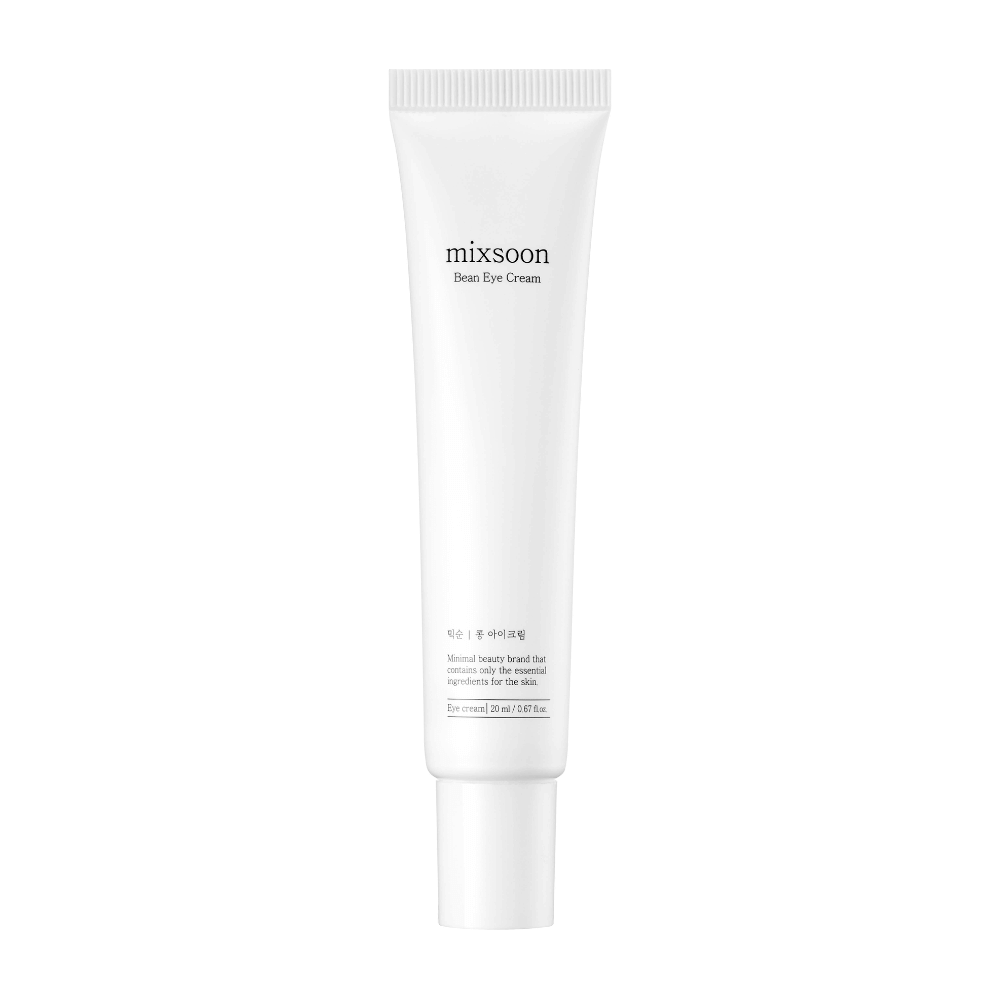 En hvit tube øyekrem fra Mixsoon, merket 'Bean Eye Cream', mot en helt hvit bakgrunn.