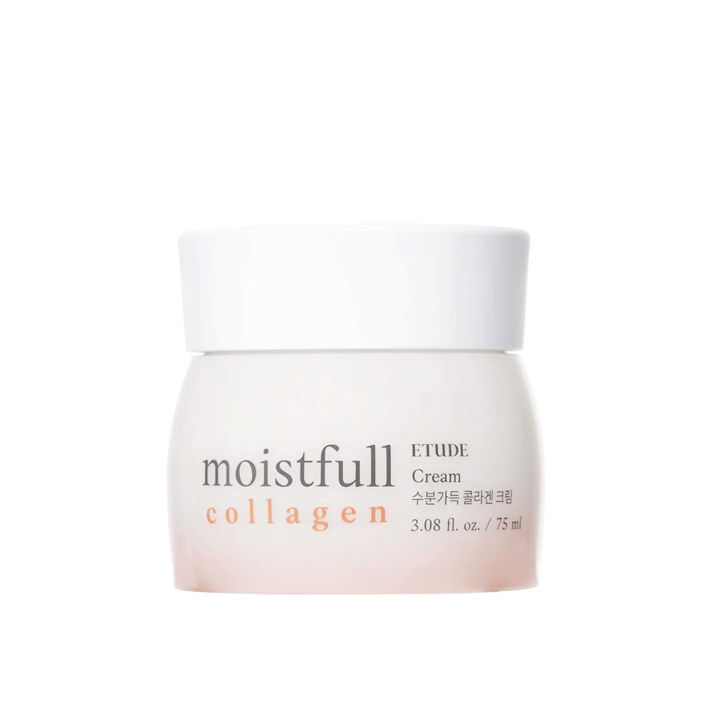 En boks med "Moistfull Collagen Cream" fra ETUDE, hvit bakgrunn.