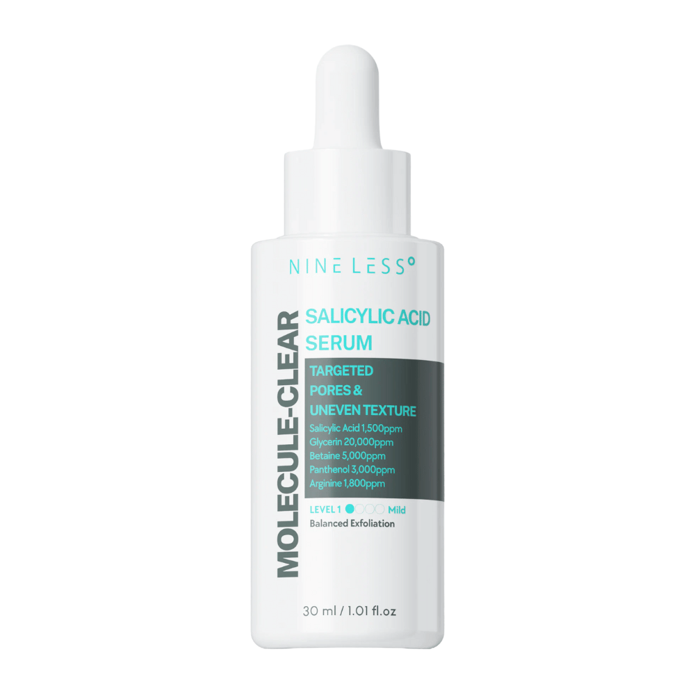 Nineless Molecule-Clear Salicylic Acid Serum 30 ml – eksfolierende serum med BHA, glyserin, betain og panthenol for å redusere porer, jevne ut hudstruktur og gi fuktighet.