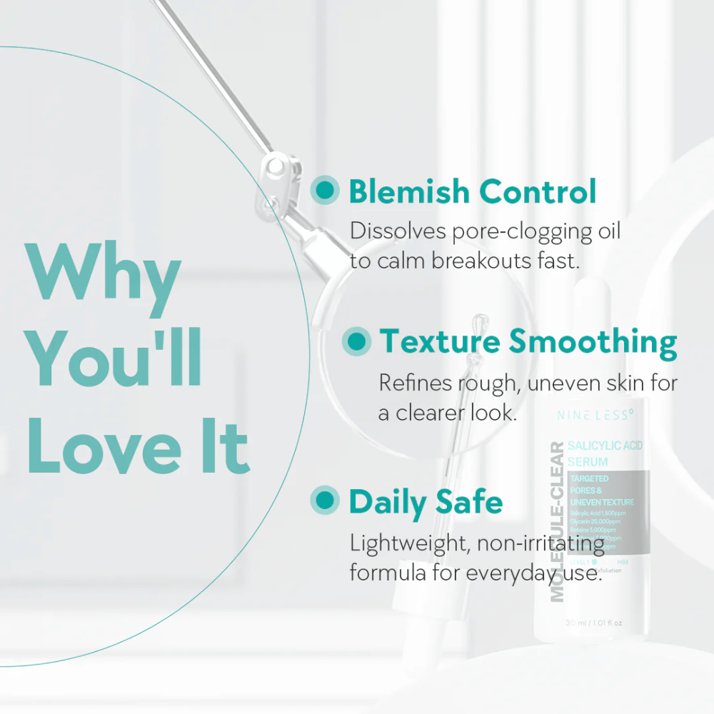 Fordeler med Nineless Molecule-Clear Salicylic Acid Serum: kontrollerer kviser ved å løse opp porer, jevner ut hudens tekstur og er trygg for daglig bruk.