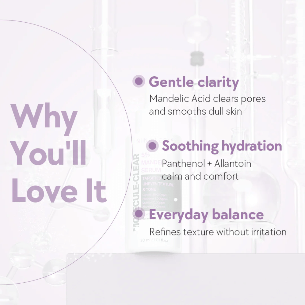Grafikk med tekst som forklarer fordelene med Nine Less Molecule-Clear 5% Mandelic Acid Serum: mild klarhet, beroligende fuktighet og daglig balanse for huden.