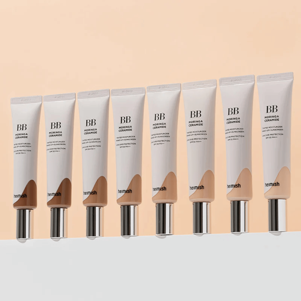 Rad med Heimish Moringa Ceramide BB Cream i flere fargenyanser. Bildet illustrerer variasjonen fra lysere til mørkere toner for å passe ulike hudtoner og behov.