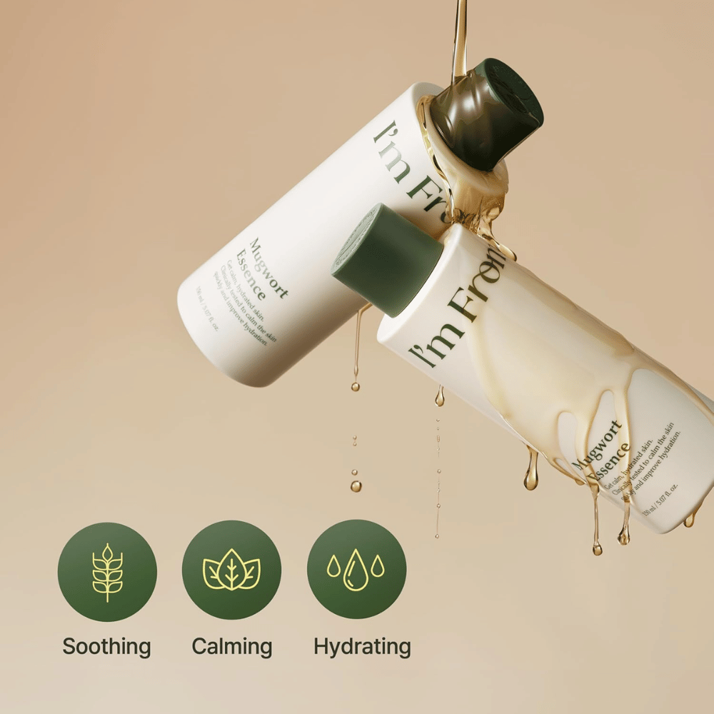 I'm From Mugwort Essence med mugwort-ekstrakt som beroliger irritert hud, gir intensiv fukt og bidrar til å styrke hudbarrieren.