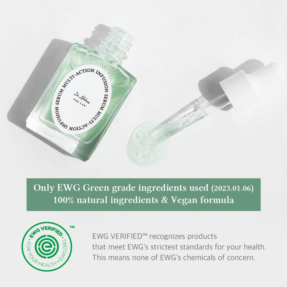 Dr. Althea Multi Action Infusion Serum med vegansk formel og EWG-sertifiserte ingredienser, skånsom for sensitiv hud og uten skadelige stoffer.