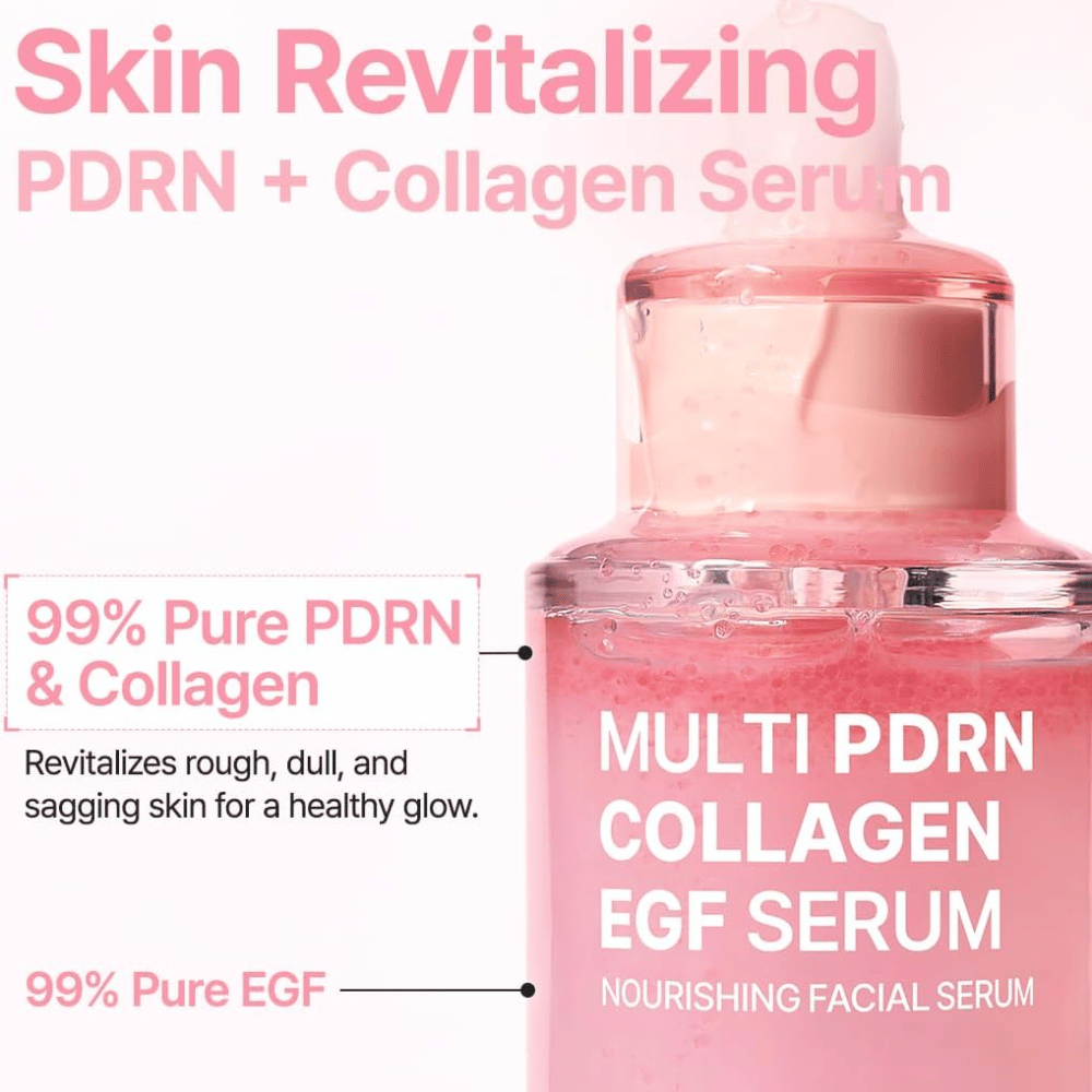 Purito Multi PDRN Collagen EGF Serum med PDRN, kollagen og EGF for glød, elastisitet og revitaliserende hudpleie.