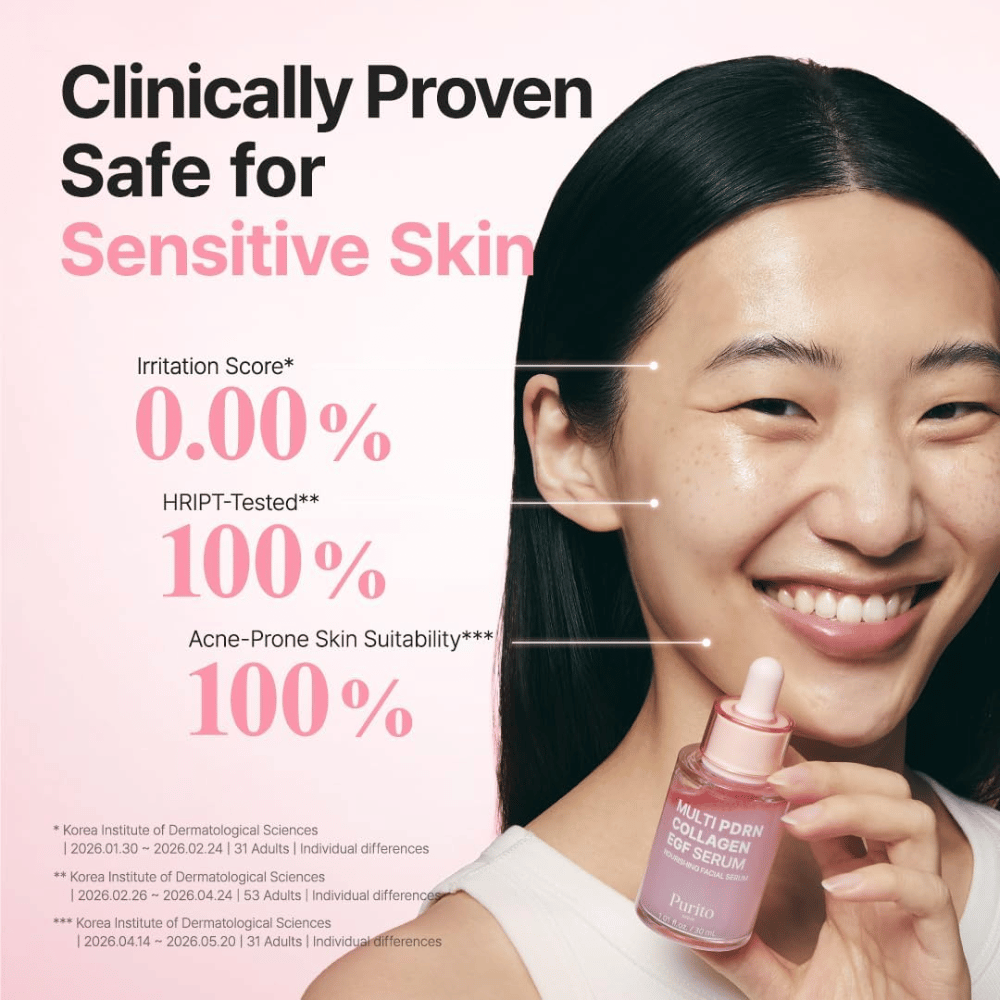 Purito Multi PDRN Collagen EGF Serum – klinisk testet serum som passer sensitiv og akneutsatt hud.