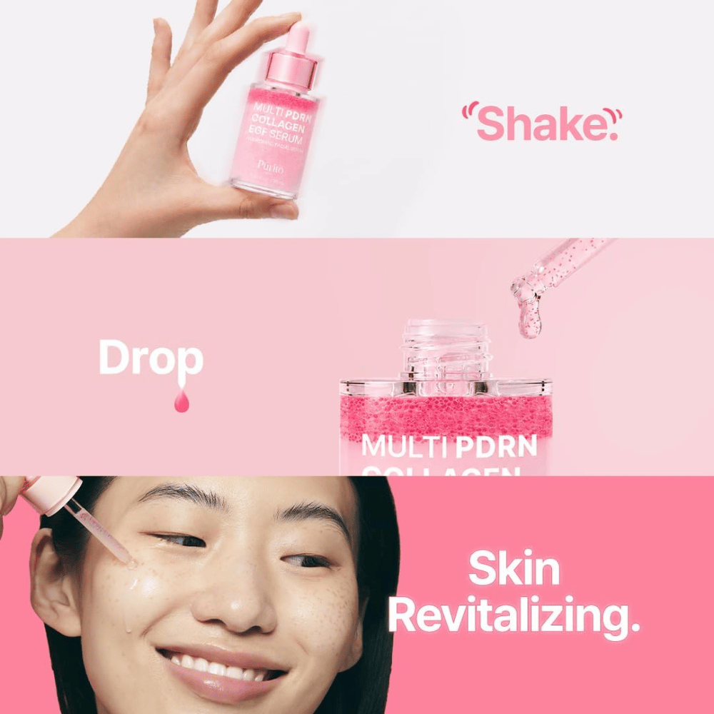 Purito Multi PDRN Collagen EGF Serum – påføring av det rosa serumet for fuktet og revitalisert hud.