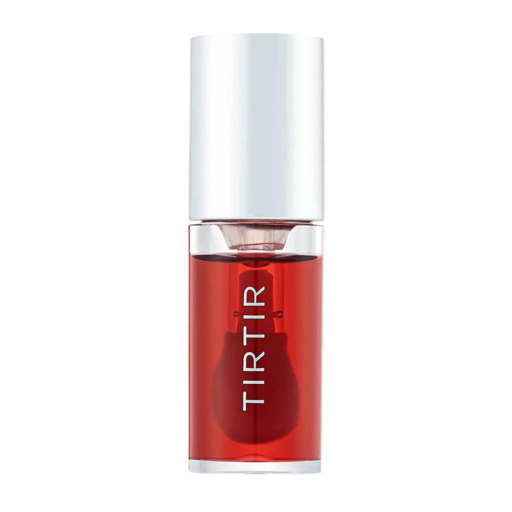 TIRTIR My Glow Lip Oil i gjennomsiktig rød nyanse med sølvlokk, vist rett forfra mot hvit bakgrunn.