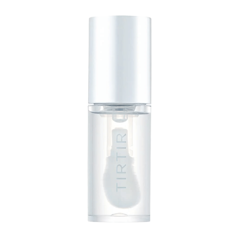 TIRTIR My Glow Lip Oil i gjennomsiktig flaske med hvitt lokk og minimalistisk design, frilagt mot hvit bakgrunn.