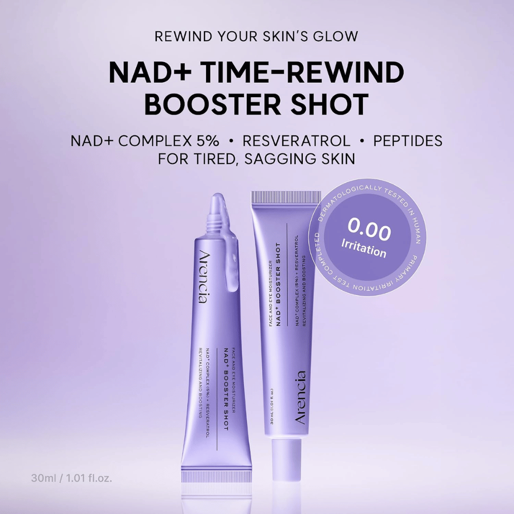 Arencia NAD+ Booster Shot med 5% NAD+ Complex, resveratrol og peptider – dermatologisk testet ansiktskrem for trøtt og moden hud.