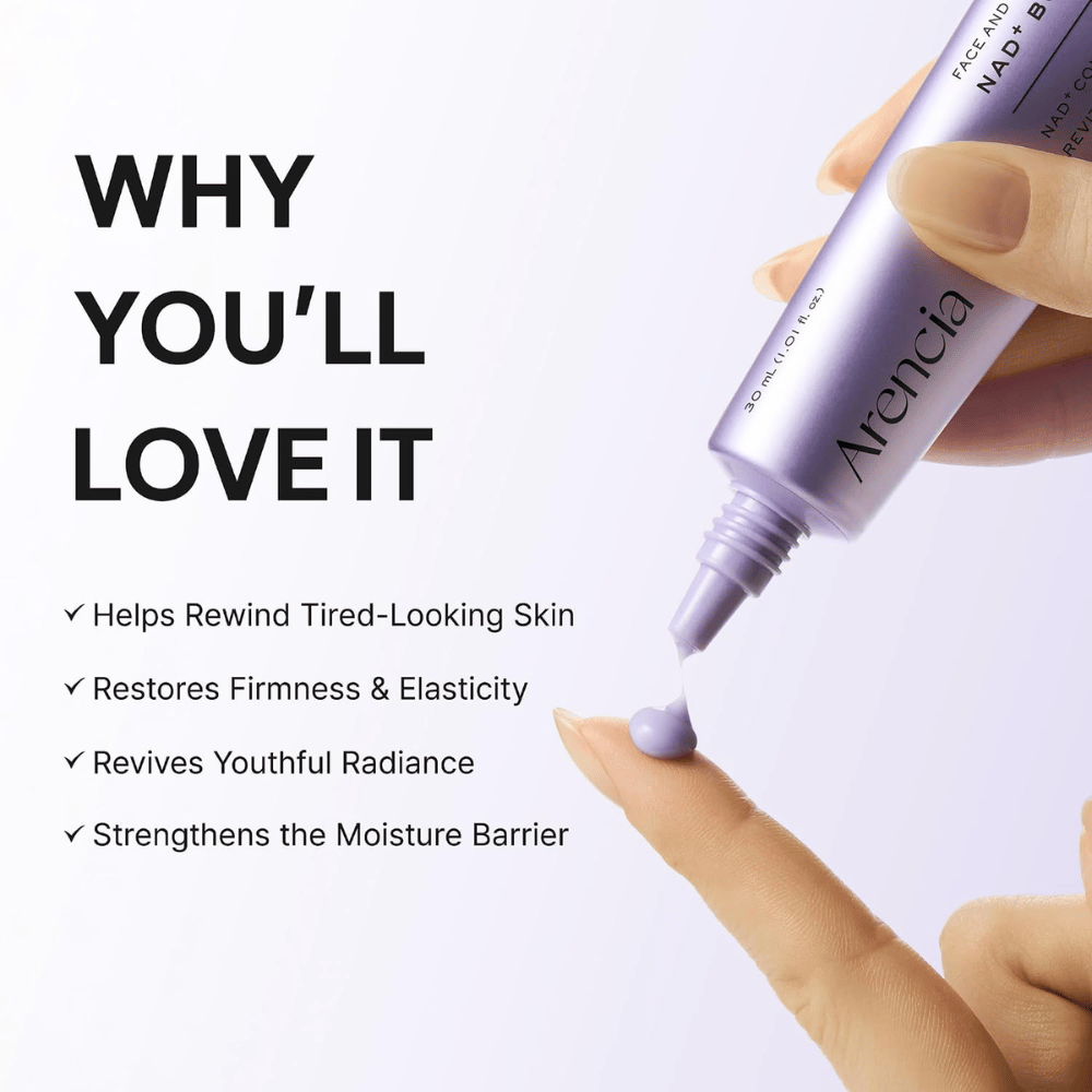 Arencia NAD+ Booster Shot 30 ml – pleiende ansiktskrem som styrker hudbarrieren og gir fasthet, elastisitet og glød.