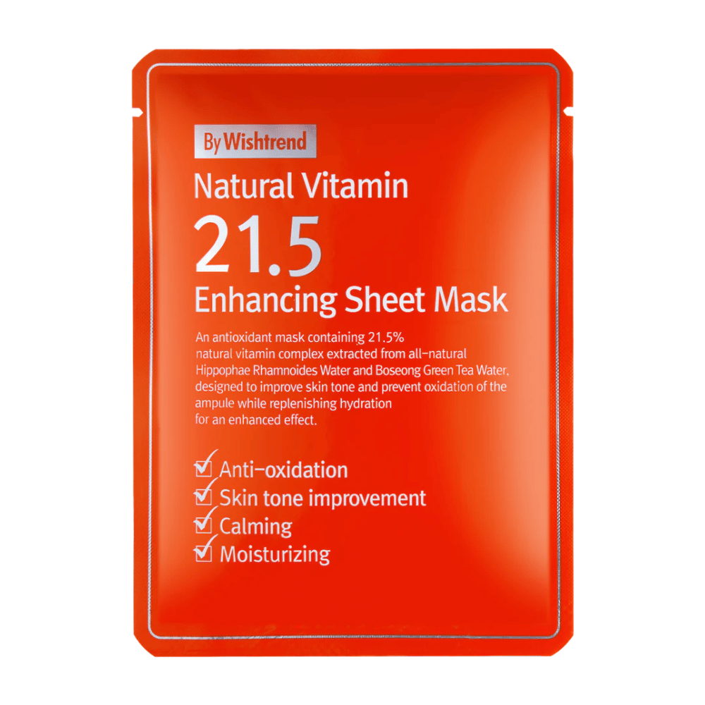 By Wishtrend Natural Vitamin 21.5% Enhancing Sheet mask i en rød forpakning med hvit tekst, som fremhever dens antioksidative og fuktighetsgivende egenskaper.
