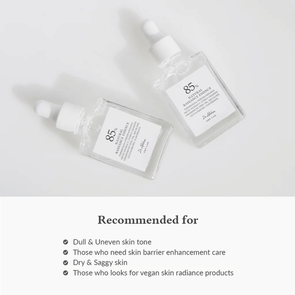Dr. Althea Natural Radiance Essence med 85% Kakadu Plum Extract, passer for gusten hud, ujevn hudtone og tørr hud som trenger styrket hudbarriere.