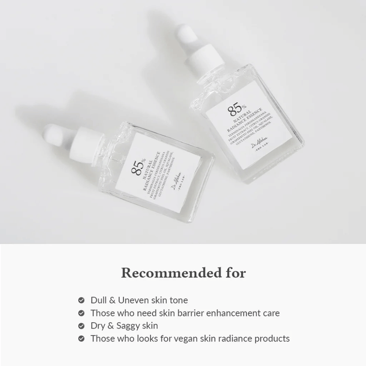 Dr. Althea Natural Radiance Essence med 85% Kakadu Plum Extract, passer for gusten hud, ujevn hudtone og tørr hud som trenger styrket hudbarriere.
